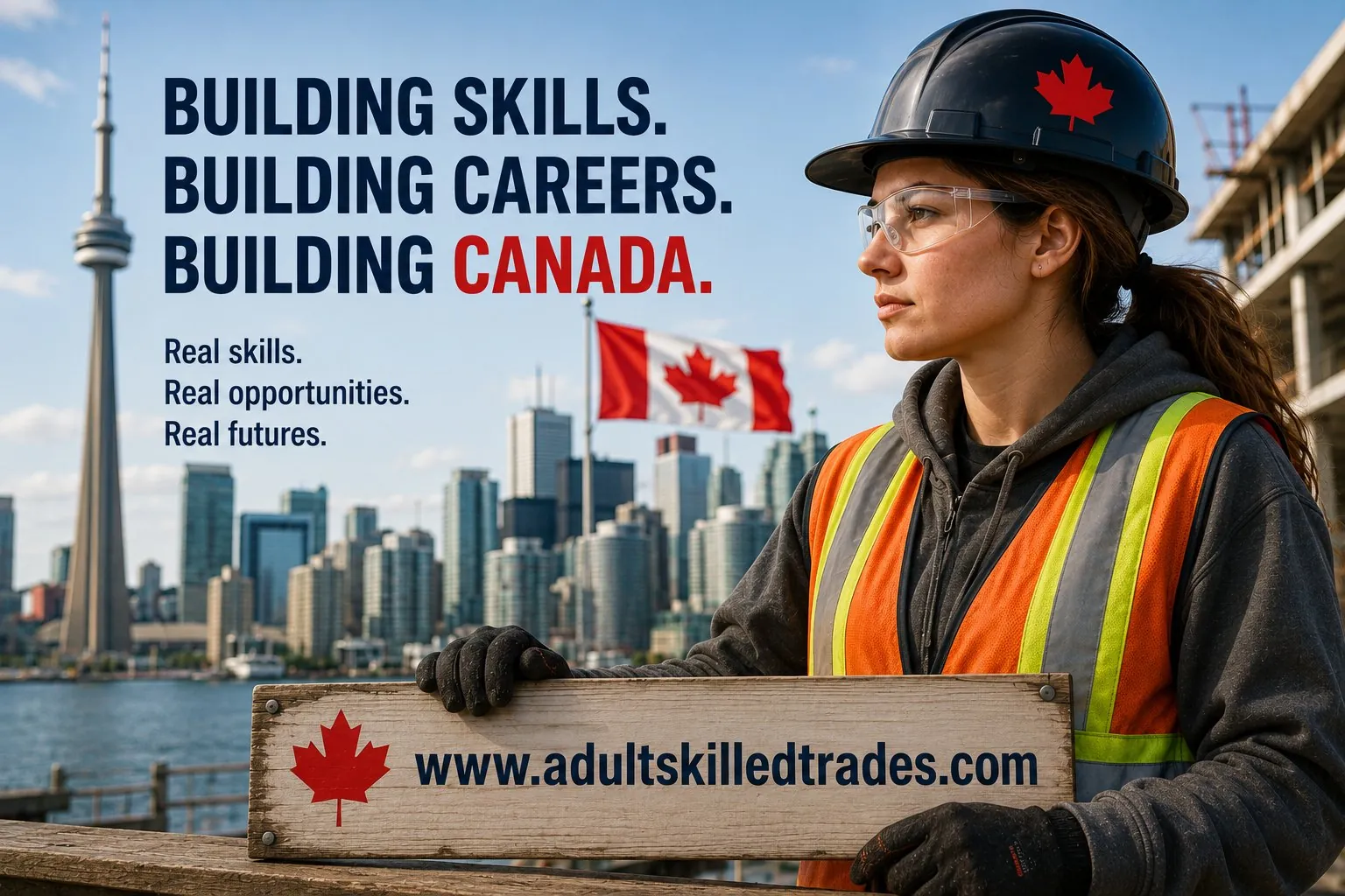 A Canadian tradesperson with the Toronto skyline