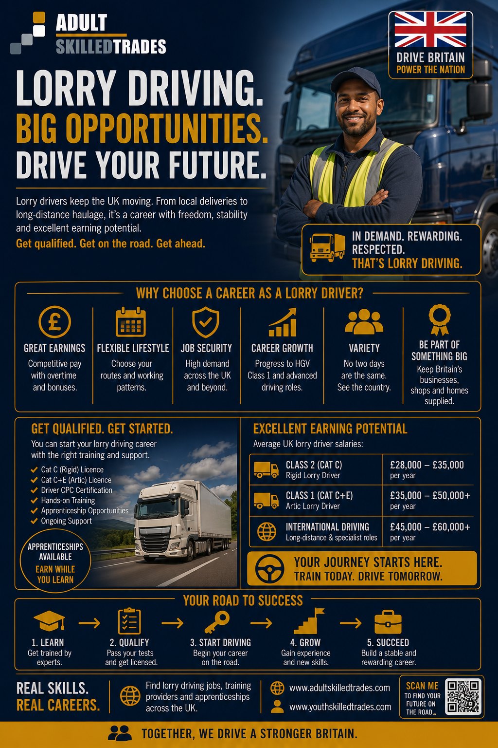 Lorry driving careers across the UK. AdultSkilledTrades poster